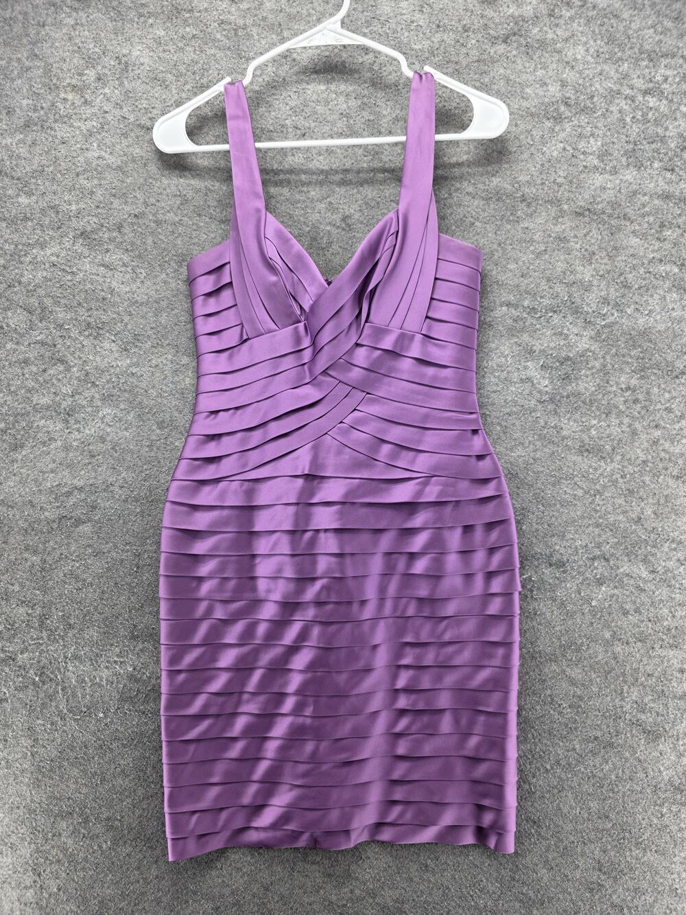 BCBGMAXAZRIA Dress Womens 4 Purple Bodycon Strappy V-Neck Layered Party